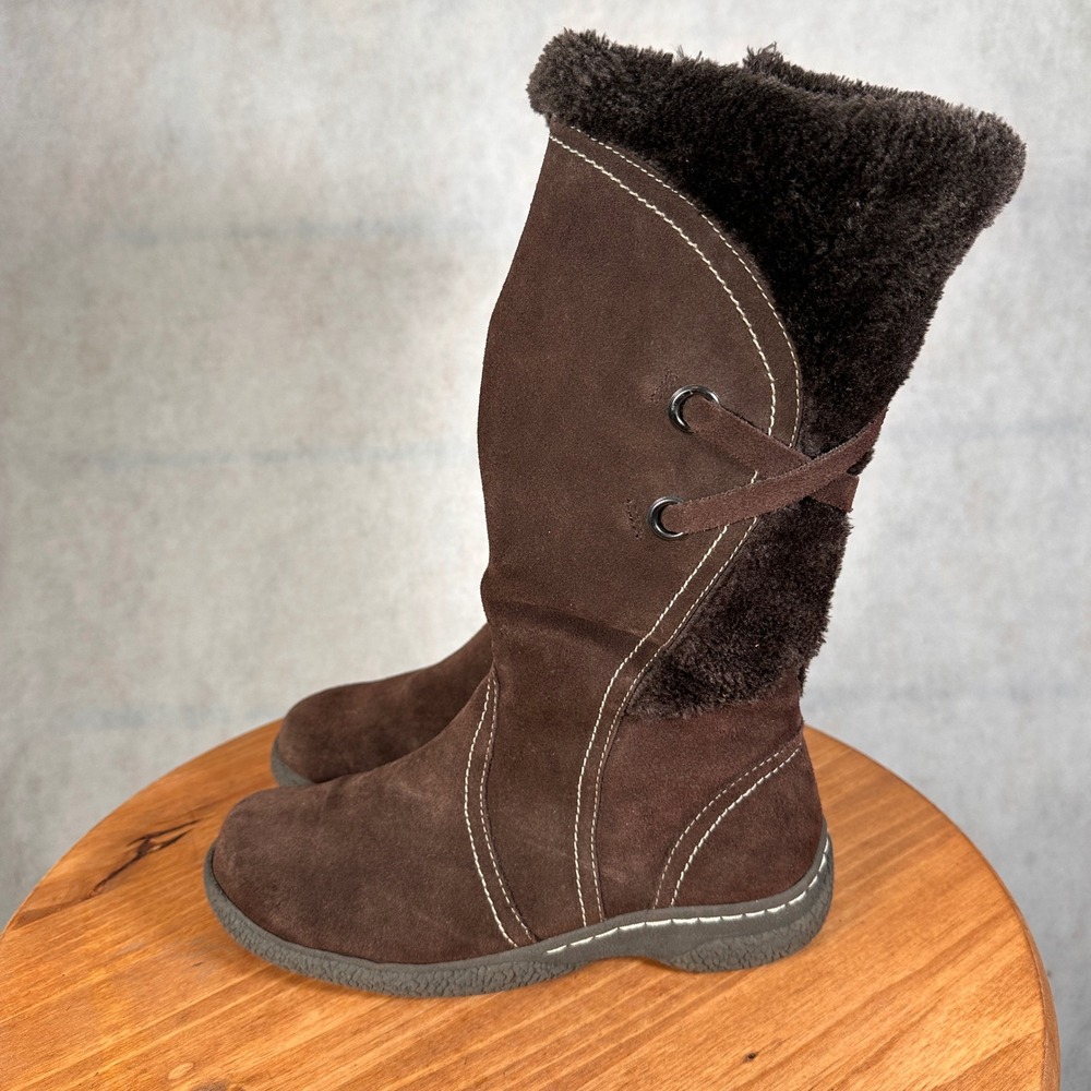 Wanderlust Winter Boots Women 7.5 Brown Good Suede Faux Fur Trim Side Zip - Picture 9 of 13